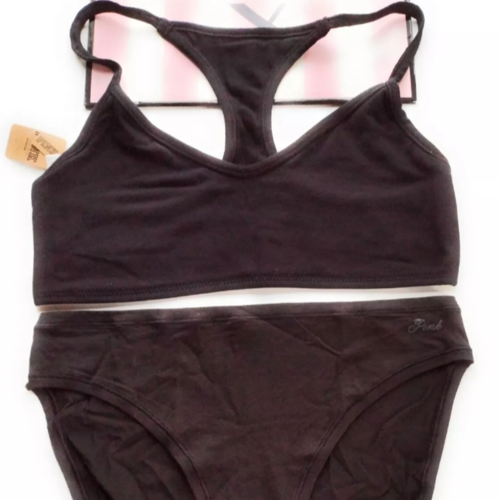 VICTORIA'S SECRET PINK Cotton Bralette Bra and Bikini Panty Set Size L Black VS